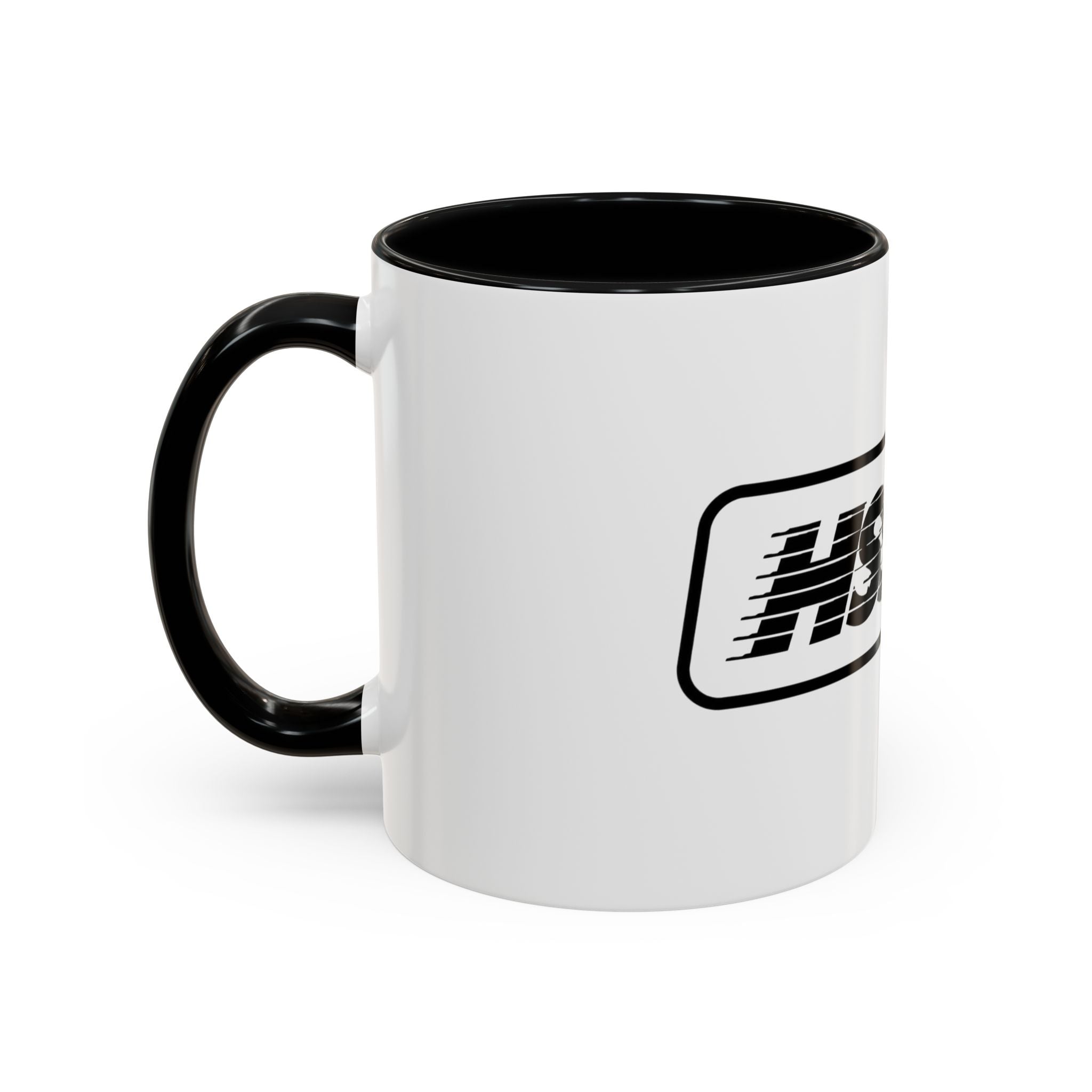 HSSSW Logo Accent Coffee Mug — Retro Striped Black & White 11/15oz